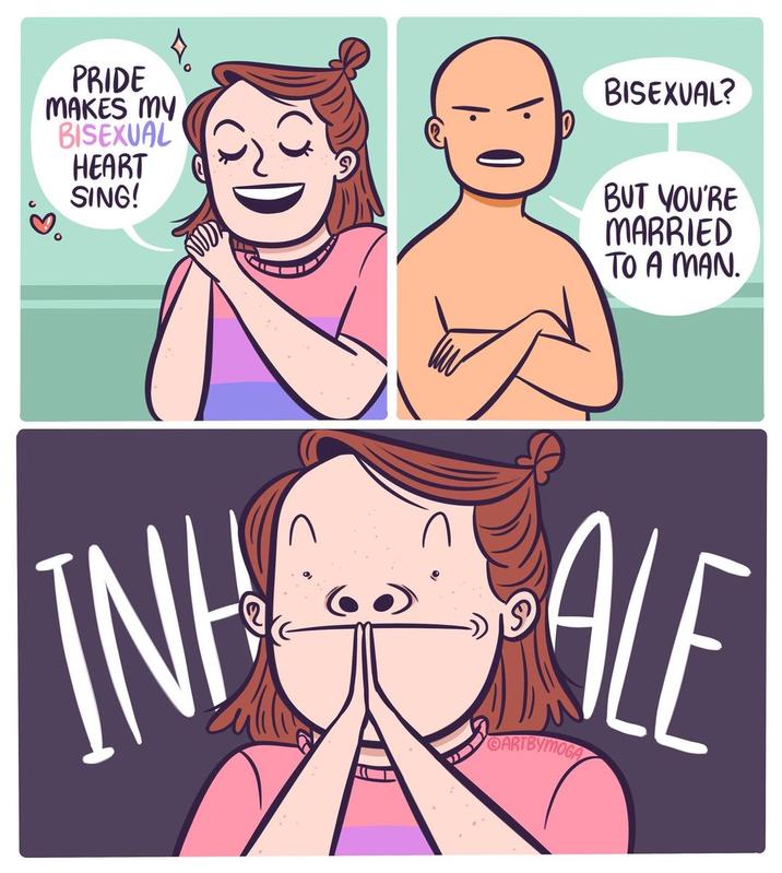 PRIDE MAKES MY BISEXUAL HEART SING! BISEXUAL? BUT YOU'RE MARRIED TO A MAN. INH ALE OARTBYMOGA