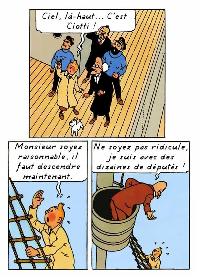 Ciel, là-haut... C'est Ciotti ! Monsieur soyez raisonnable, il faut descendre maintenant. Ne soyez pas ridicule, je suis avec des dizaines de députés ! députés !