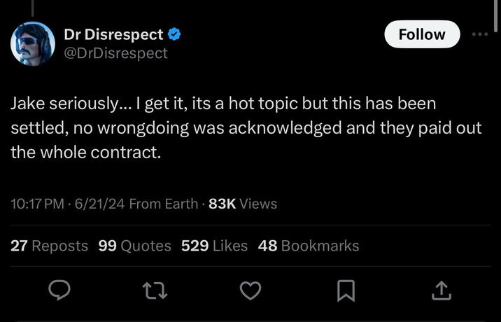 Dr Disrespect @DrDisrespect Follow Jake seriously... I get it, its a hot topic but this has been settled, no wrongdoing was acknowledged and they paid out the whole contract. 10:17 PM - 6/21/24 From Earth 83K Views 27 Reposts 99 Quotes 529 Likes 48 Bookmarks 27 ↑ +]