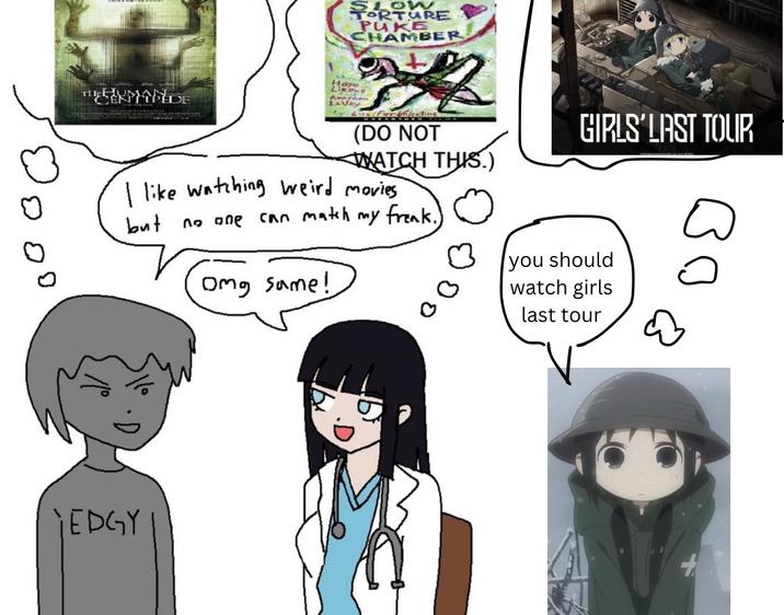 TKMELDE SLOWE PUKE CHAMBER Hape Like GIRLS' LAST TOUR (DO NOT WATCH THIS.) I like watching weird movies but no one can match my freak. Omg same! you should watch girls last tour YEDGY