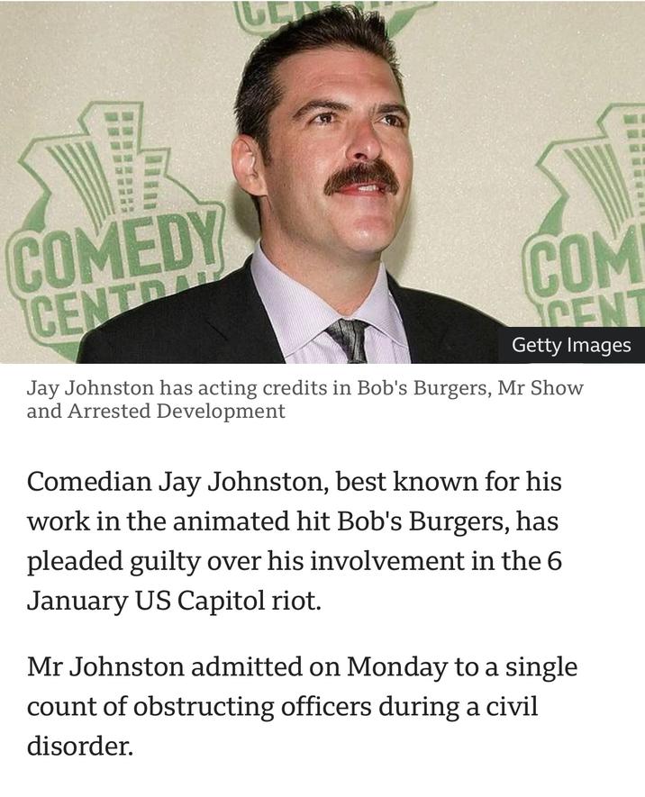 COMEDY CENTR COM CENT Getty Images Jay Johnston has acting credits in Bob's Burgers, Mr Show and Arrested Development Comedian Jay Johnston, best known for his work in the animated hit Bob's Burgers, has pleaded guilty over his involvement in the 6 January US Capitol riot. Mr Johnston admitted on Monday to a single count of obstructing officers during a civil disorder.