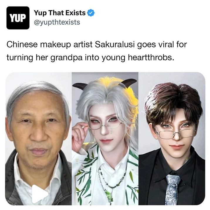 YUP Yup That Exists @yupthtexists Chinese makeup artist Sakuralusi goes viral for turning her grandpa into young heartthrobs.