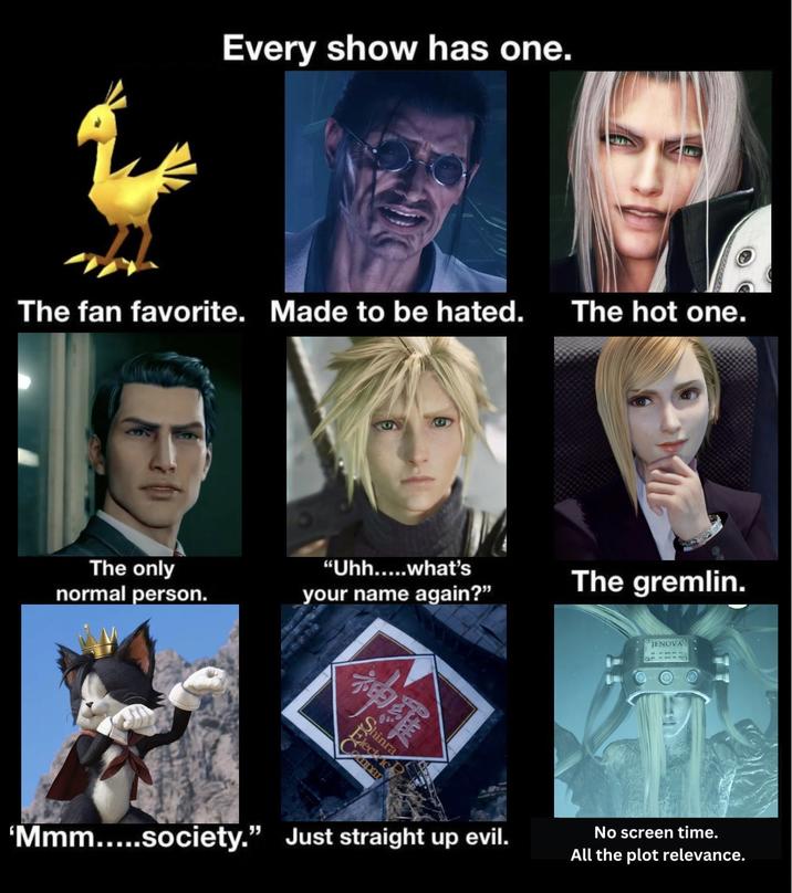 Every show has one. The fan favorite. Made to be hated. The hot one. JENOVA The only normal person. "Uhh.....what's your name again?" The gremlin. 神羅 hinra lect Compan 'Mmm.....society." Just straight up evil. No screen time. All the plot relevance.