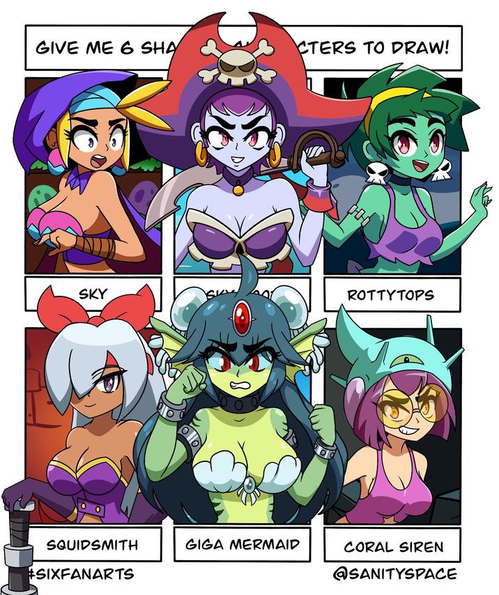 GIVE ME 6 SHA CTERS TO DRAW! 머머 SKY SK ROTTYTOPS 8. SQUIDSMITH GIGA MERMAID CORAL SIREN #SIXFANARTS @SANITYSPACE