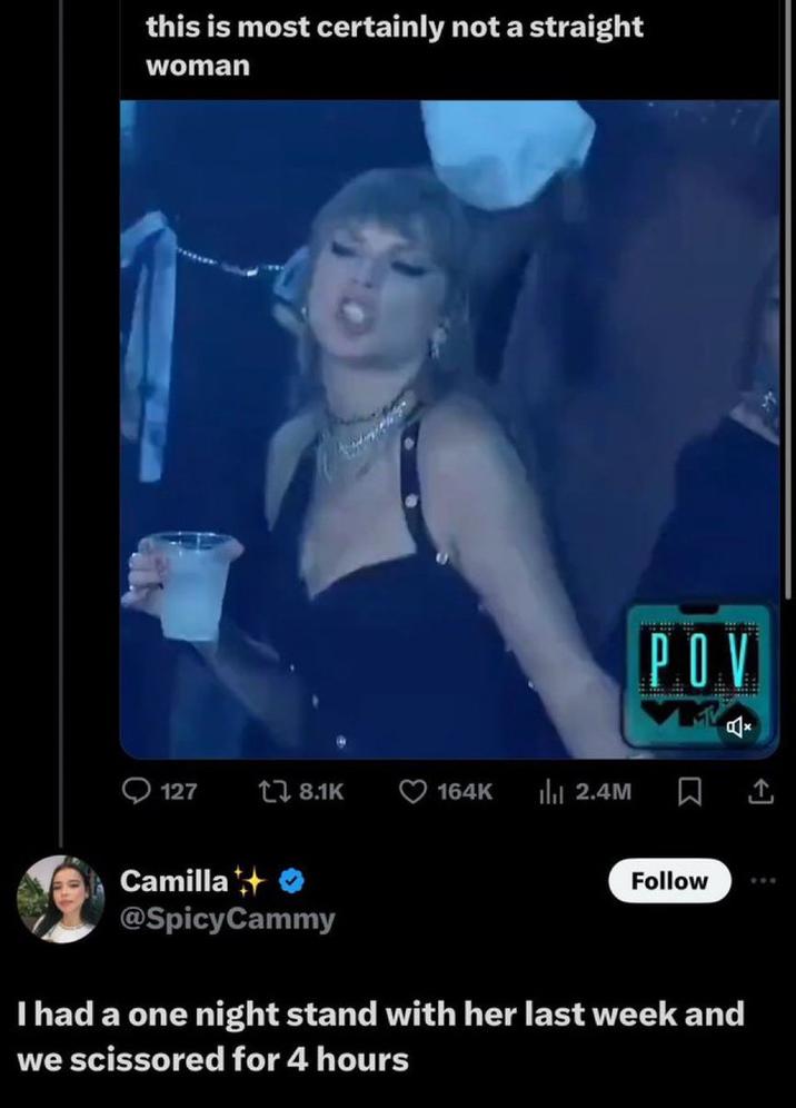 this is most certainly not a straight woman POV 127 tl 8.1K 164K Ilil 2.4M ↑ Camilla @SpicyCammy Follow I had a one night stand with her last week and we scissored for 4 hours