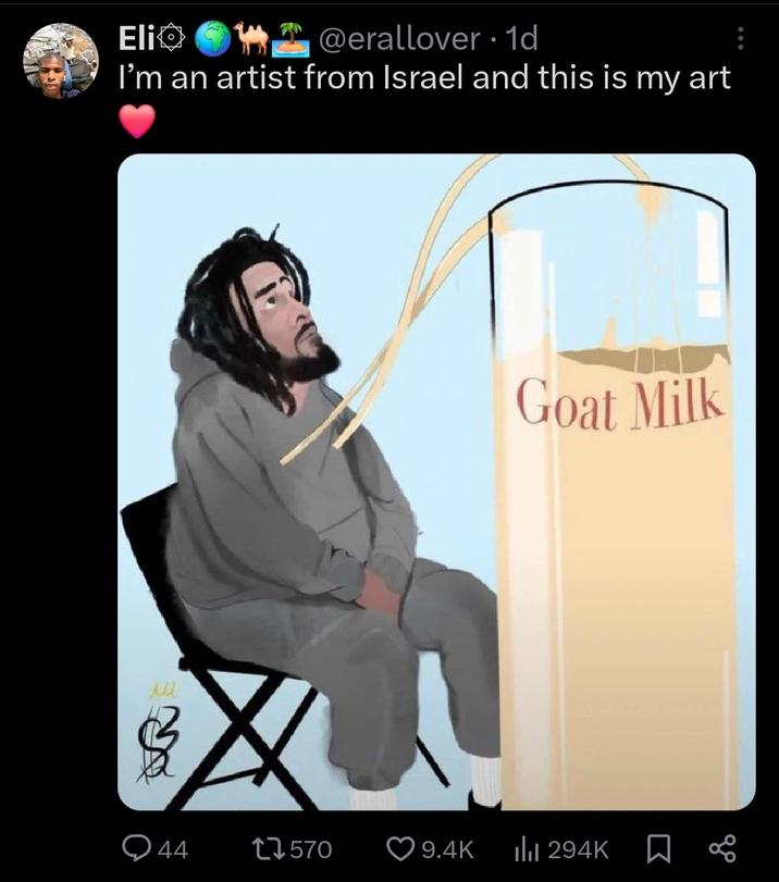 Elio @erallover. 1d I'm an artist from Israel and this is my art ли Goat Milk 44 17570 9.4K ilil 294K Σ 80