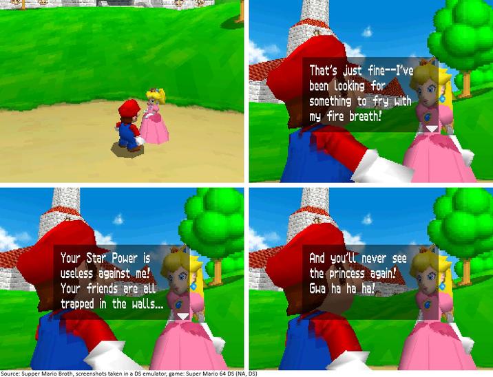 In Super Mario 64 DS, Peach only appears in cutscenes. Placing her in a level to interact with her during gameplay reveals that she says Bowser's final boss speech when talked to.

in fact, it is number 208 (D0 in hexadecimal) which is a number that is completely unremarkable and as such had to be set by the developers instead of being some kind of default. 