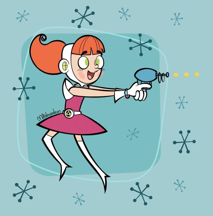 Artist's Comments: "Wanted to draw her in the UPA style! The show has a bit of 1950’s atompunk imagery, so I thought it’d be cool to draw her in an animation style from around that era"

Very appropriate if you ask me!