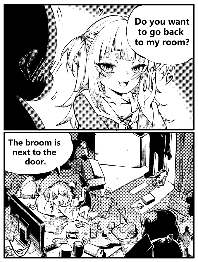 The broom is next to the door. Do you want to go back to my room?