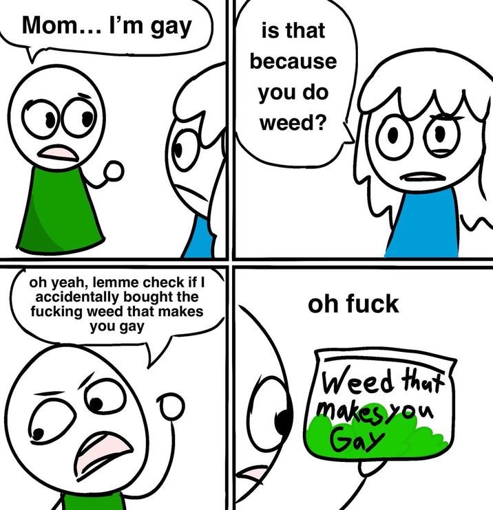Mom... I'm gay is that because you do weed? oh yeah, lemme check if I accidentally bought the f------ weed that makes you gay oh f--- Weed that makes you Gay