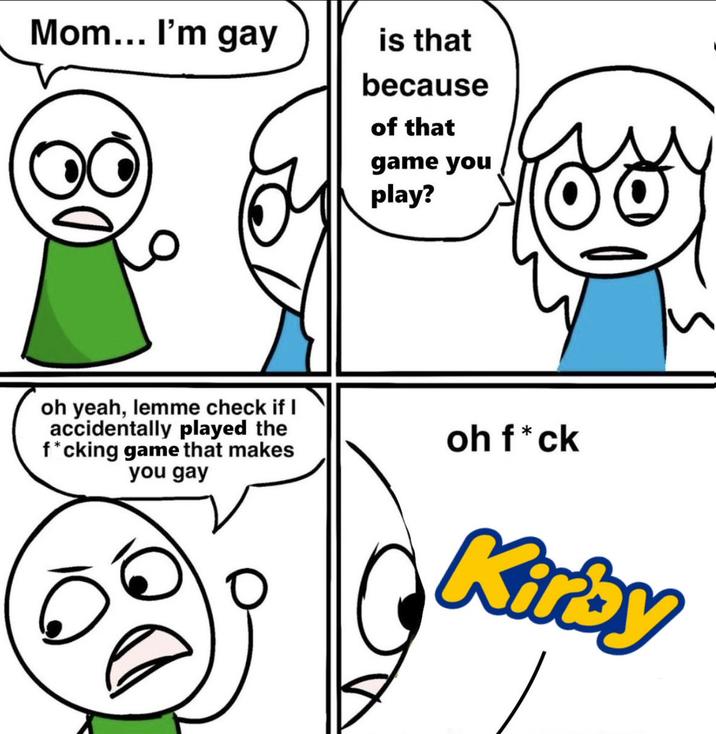Mom... I'm gay is that because of that game you play? oh yeah, lemme check if I accidentally played the f*cking game that makes you gay oh f*ck Kirby