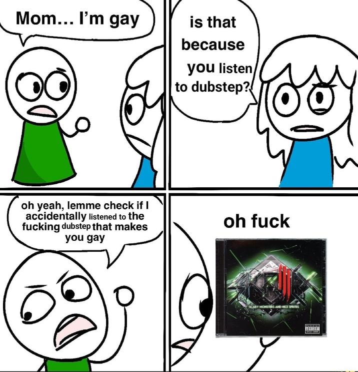Mom... I'm gay is that because you listen to dubstep? oh yeah, lemme check if I accidentally listened to the f------ dubstep that makes you gay oh f--- SCARY MONSTERS AND NICE SPRITES PARENTAL ADVISORY