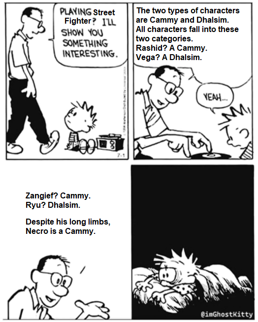 PLAYING Street Fighter? I'LL SHOW YOU The two types of characters are Cammy and Dhalsim. All characters fall into these two categories. Rashid? A Cammy. SOMETHING INTERESTING. Vega? A Dhalsim. Zangief? Cammy. Ryu? Dhalsim. Despite his long limbs, Necro is a Cammy. YEAH... M @imGhostKitty