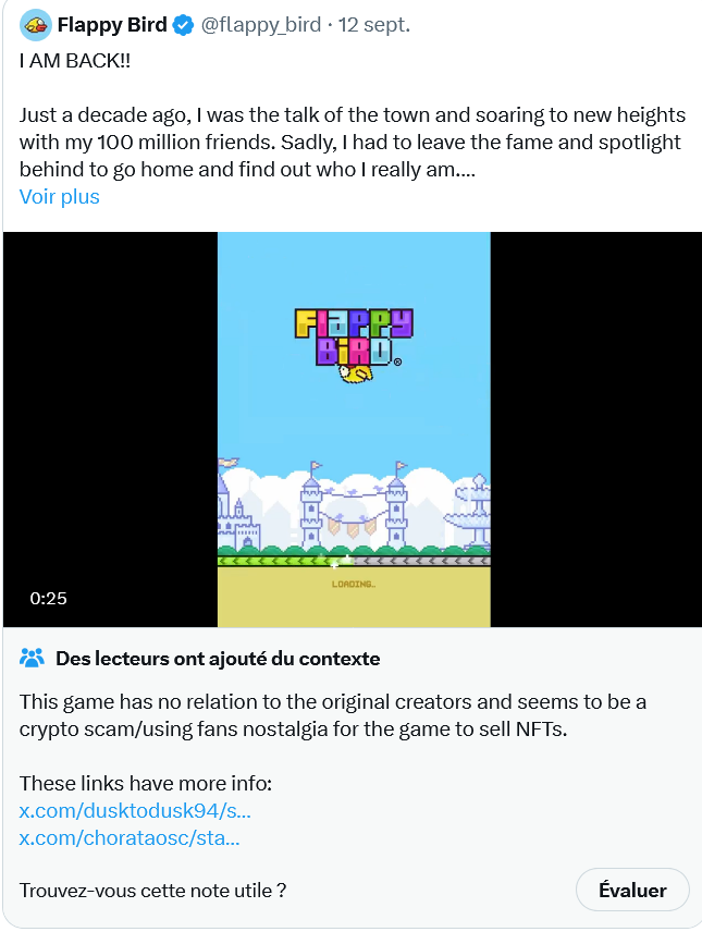 FLAPPY BIRD omg hell no!!!!!! NFT IS SUPER DEAD AND DON'T DO IT IT'S ANOTHER NFT SCAM AND ABOUT ALL IT HAS NOTHING TO DO WITH THE CREATOR OF THE ORIGINAL GAME 