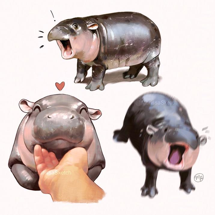 Alt text: "Digital paintings of Moo Deng, a grey and pink baby pygmy hippo, in three different poses. Bottom left shows Moo Deng with her eyes closed with a person's hand holding her chin, and a little pink heart floating over her head. Top center shows her standing in profile with her mouth wide open, looking surprised and like she is yelling. Bottom right shows her completely motion blurred and yelling at the camera."