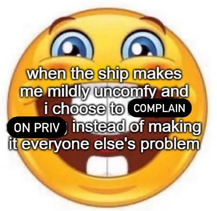 when the ship makes me mildly uncomfy and i choose to COMPLAIN ON PRIV) instead of making it everyone else's problem