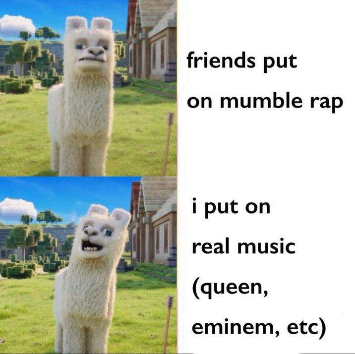 friends put on mumble rap i put on real music (queen, eminem, etc)