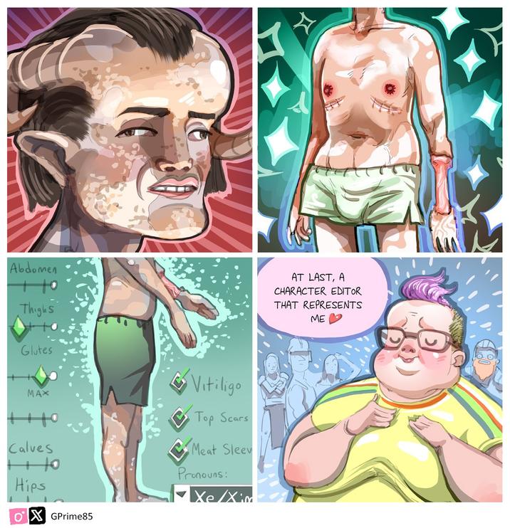Abdomen +10 Thighs Glutes MAX Calves HO Hips ☑GPrime85 Vitiligo Top Scars Meat Sleev Pronouns: Xe Xim AT LAST, A CHARACTER EDITOR THAT REPRESENTS ME