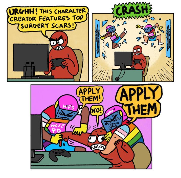 URGHH! THIS CHARACTER CREATOR FEATURES TOP SURGERY SCARS!) WPD APPLY (THEM! NO! WOKE PO Sch CRASH VOKE PD WPD WOKE PD WPDU ALD," APPLY THEM