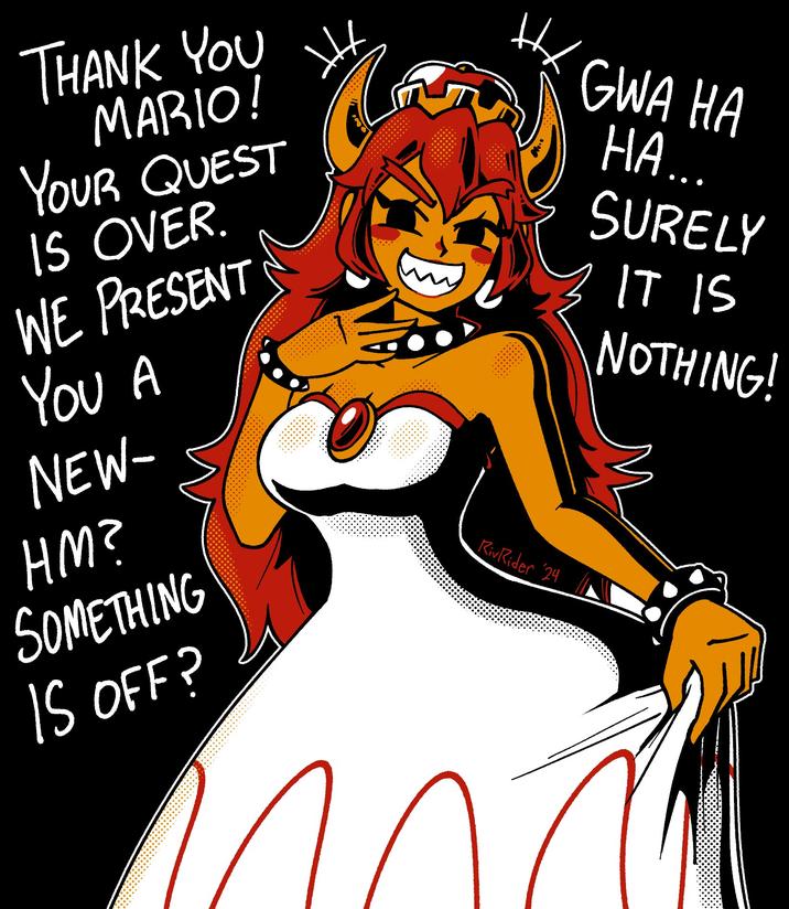 HX THANK YOU MARIO! YOUR QUEST IS OVER. WE PRESENT YOU A NEW- HM? SOMETHING IS OFF? Не GWA HA HA... SURELY IT IS NOTHING! RivRider 24
