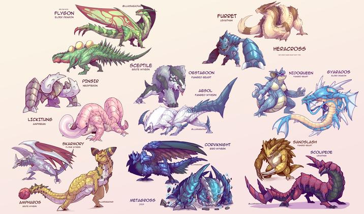 LICKITUNG AMPHIBIAN AMPHAROS BRUTE WYVERN SELTAS GOD FLYGON ELDER DRAGON PINSIR NEOPTERON SKARMORY FLYING WYVERN OLLUISABADIAS SCEPTILE BRUTE WYVERN METAGROSS OLLUISABADIAS ??? OBSTAGOON FANGED BEAST ABSOL FANGED WYVERN OLLUISABADIAS OLLUISABADIAS FURRET LEVIATHAN HERACROSS (BUT USING FANGED BEAST BODY TYPE) NIDOQUEEN FANGED BEAST CORVIKNIGHT BIRD WYVERN SANDSLASH FANGED BEAST OLLUISABADIAS GYARADOS SCOLIPEDE LEVIATHAN ELDER DRAGON