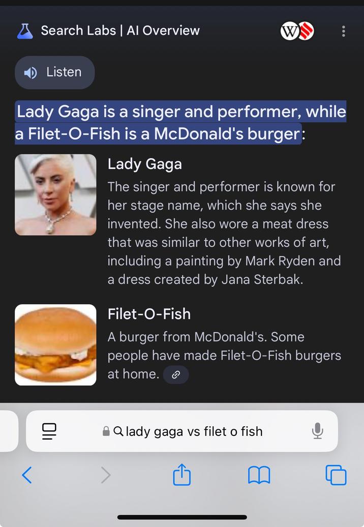 ✗Search Labs | Al Overview Wy Listen Lady Gaga is a singer and performer, while a Filet-O-Fish is a McDonald's burger: Lady Gaga The singer and performer is known for her stage name, which she says she invented. She also wore a meat dress that was similar to other works of art, including a painting by Mark Ryden and a dress created by Jana Sterbak. Filet-O-Fish A burger from McDonald's. Some people have made Filet-O-Fish burgers at home. סוי Q lady gaga vs filet o fish