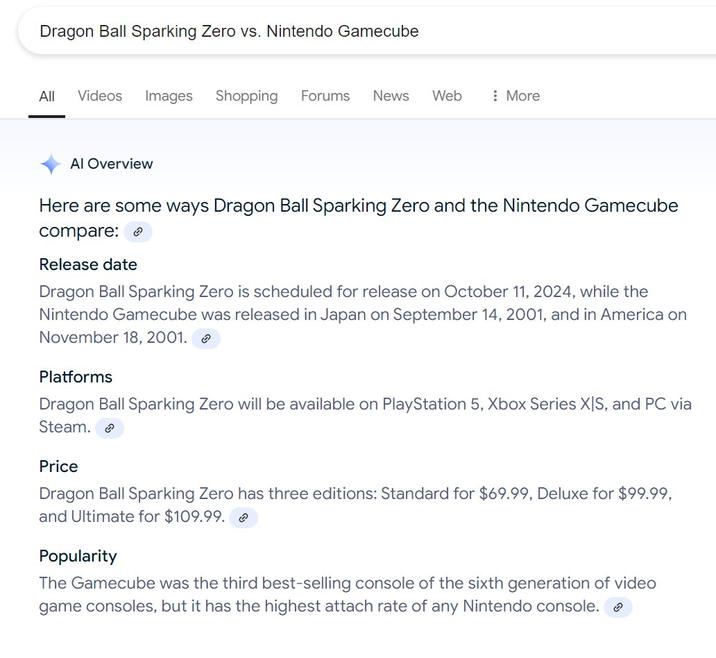 Dragon Ball Sparking Zero vs. Nintendo Gamecube All Videos Images Shopping Forums News Web : More Al Overview Here are some ways Dragon Ball Sparking Zero and the Nintendo Gamecube compare: Release date Dragon Ball Sparking Zero is scheduled for release on October 11, 2024, while the Nintendo Gamecube was released in Japan on September 14, 2001, and in America on November 18, 2001. Platforms Dragon Ball Sparking Zero will be available on PlayStation 5, Xbox Series XIS, and PC via Steam. Price Dragon Ball Sparking Zero has three editions: Standard for $69.99, Deluxe for $99.99, and Ultimate for $109.99. Popularity The Gamecube was the third best-selling console of the sixth generation of video game consoles, but it has the highest attach rate of any Nintendo console.