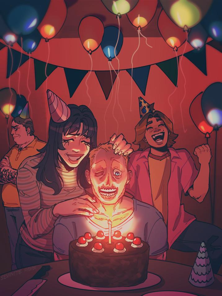 Fan art: communal party in Mouthwashing