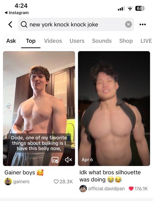 An example of male "thirst traps":https://knowyourmeme.com/memes/thirst-trap being boosted by "TikTok's":https://knowyourmeme.com/memes/sites/tiktok search engine. The image concerns a recently purported phenomenon that TikTok's search results have been boosting "lewd":https://knowyourmeme.com/memes/lewd content when you search anything, even just one word.