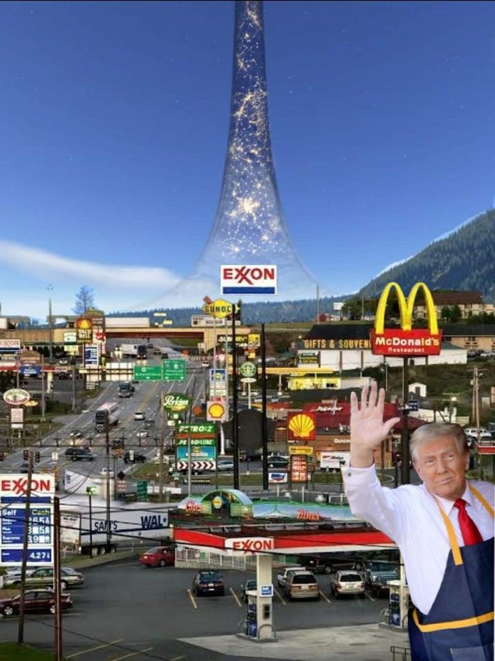 "Donald Trump":https://knowyourmeme.com/memes/people/donald-trump waving goodbye in a "McDonald's":https://knowyourmeme.com/memes/subcultures/mcdonalds uniform "photoshopped":https://knowyourmeme.com/memes/sites/photoshop into the "Breezewood, Pennsylvania":https://knowyourmeme.com/memes/breezewood-pennsylvania photo.  