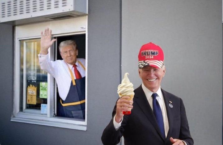 Photograph of the United States presidential candidate and former president Donald Trump waving from a drive-thru window during his October 2024 photo op at a McDonald's restaurant in Pennsylvania with Joe Biden wearing a Trump hat and holding an ice cream edited in.