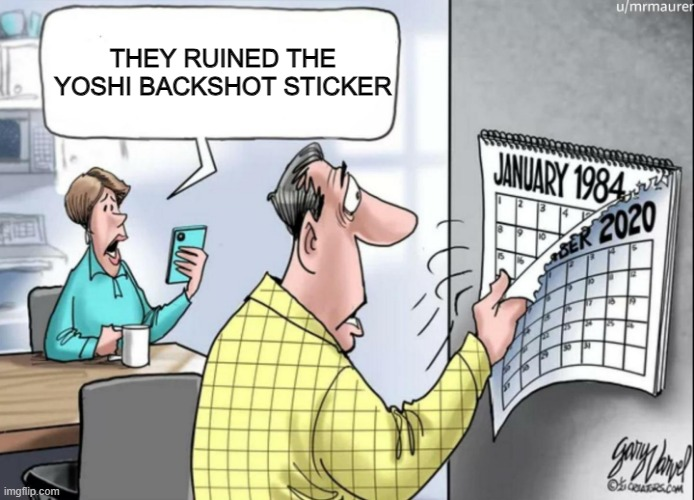 A Living in 1984 meme about Nintendo replacing the Yoshi Backshots sticker in Super Mario Party Jamboree