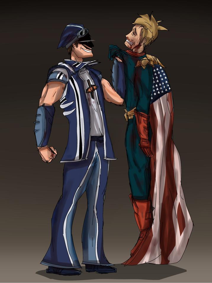 An artwork depicting Sportacus from _LazyTown_ lifting Homelander by the collar.