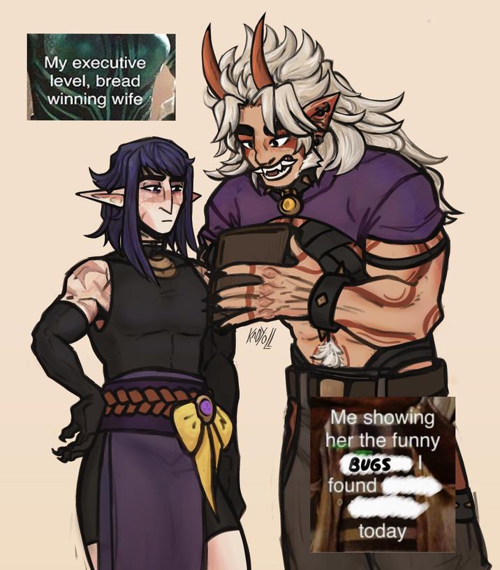 My Executive Level, Bread Winning Wife meme in which the husband shows her the bugs he found that day (Genshin Impact version)