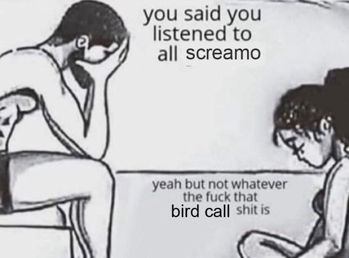 Meme about people who say they listen to "all screamo" but some screamo is actually too niche for them