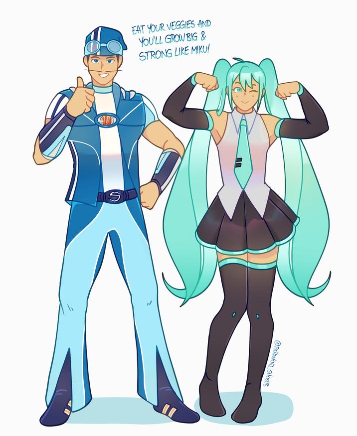 Fan art of LazyTown character Sportacus and Hatsune Miku by @paranoid_ghosts