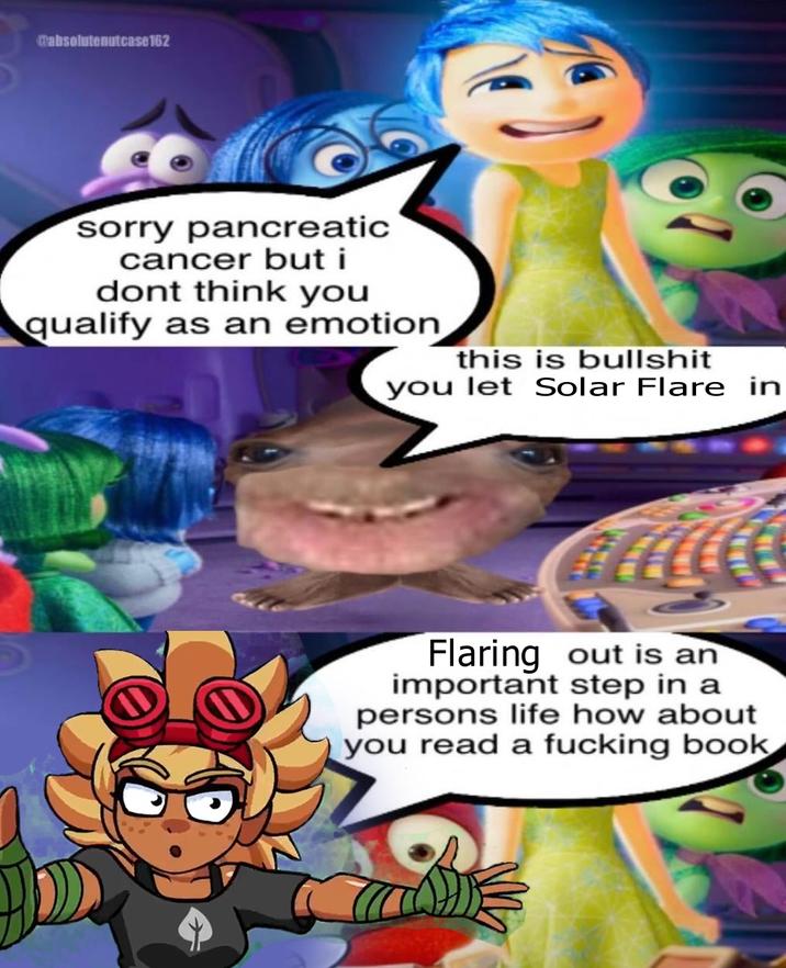 @absolutenutcase 162 sorry pancreatic cancer but i dont think you qualify as an emotion this is b------- you let Solar Flare in Flaring out is an important step in a persons life how about you read a f------ book
