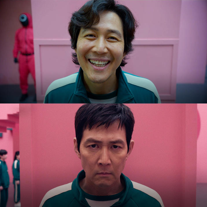 Smiling Seong Gi-Hun / Unsmiling Seong Gi-Hun two-panel meme template