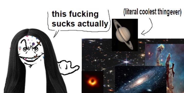 A "Literal Coolest Thing Ever":https://knowyourmeme.com/memes/this-f-------sucks-actually-literal-coolest-thing-ever meme about "Olivia Rodrigo's":https://knowyourmeme.com/memes/people/olivia-rodrigo Space Question which is a question that the singer-songwriter asks on a first date to determine if a man is worth pursuing. Rodrigo asks men if they want to go to space. If they say yes, then it's a red flag for Rodrigo who says it shows how the man is too full of himself.