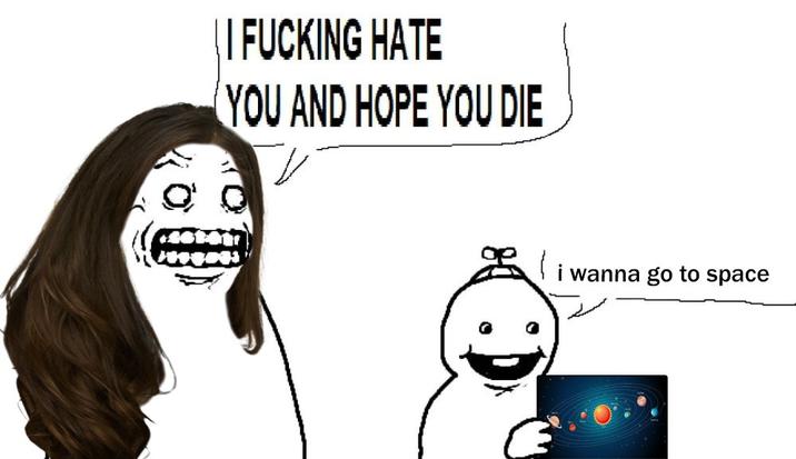 An "I F---ing Hate You and Hope You Die":https://knowyourmeme.com/memes/this-f-------sucks-actually-literal-coolest-thing-ever meme about "Olivia Rodrigo's":https://knowyourmeme.com/memes/people/olivia-rodrigo Space Question which is a question that the singer-songwriter asks on a first date to determine if a man is worth pursuing. Rodrigo asks men if they want to go to space. If they say yes, then it's a red flag for Rodrigo who says it shows how the man is too full of himself.