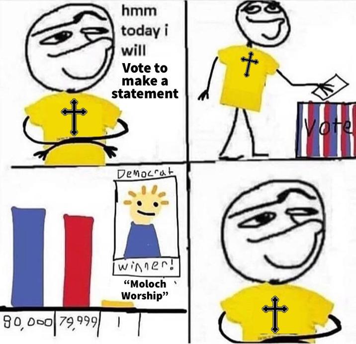 + hmm today i will Vote to make a statement t Democrat winner! 90,000 79,999 1 "Moloch Worship" A Vote t
