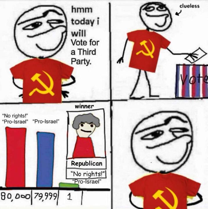 hmm today i will Vote for a Third Party. clueless "No rights!" "Pro-Israel" "Pro-Israel" winner () 80,000 79,999 1 Republican "No rights!" "Pro-Israel" Vote