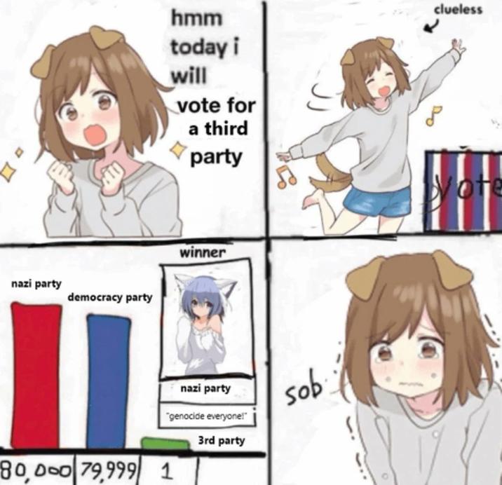 nazi party democracy party hmm today i will vote for a third party clueless 20 Vote winner 80,000 79,999 1 nazi party "genocide everyone!" 3rd party s--