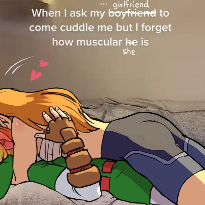 A meme captioned "When I ask my girlfriend to come cuddle me but I forget how muscular she is." Underneath the caption is an image of "Zelda":https://knowyourmeme.com/memes/subcultures/the-legend-of-zelda laying on top of their partner Link, who is struggling to breathe.