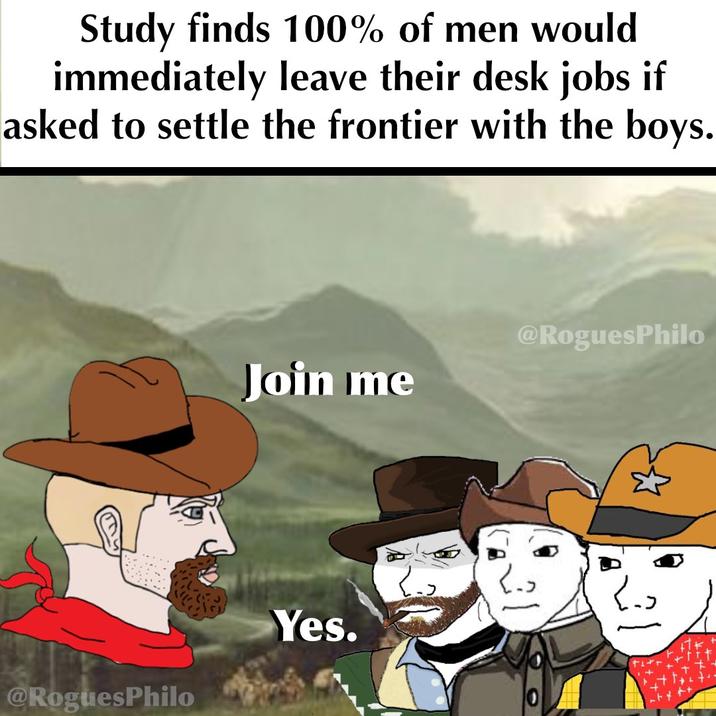 A meme inspired by a satirical Babylon Bee headline about 100 percent of men abandoning their jobs when asked to embark on a dangerous expedition