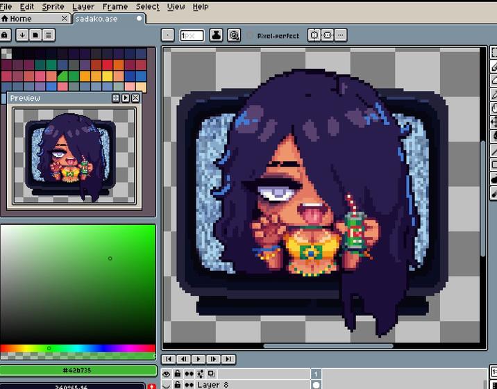 File Edit Sprite Layer Frame Select View Help Home x sadako.ase Preview #42b735 ፈሰፈ ተፈ 1PX Pixel-perfect LUETUNUVO 1: Layer 8