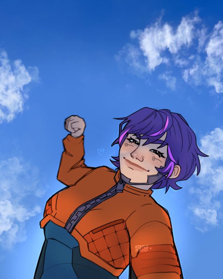 A June Overwatch redraw based on the Korean Girl in a Gru Scarf Punching meme