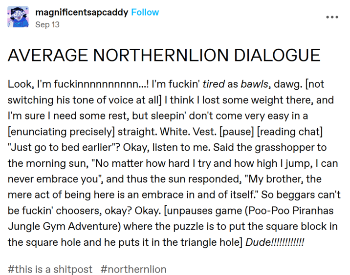 Average Northernlion dialogue Tumblr post