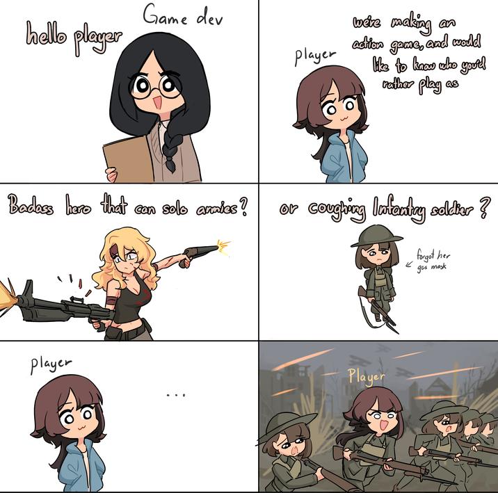 hello player Game dev O Badass hero that can solo anmies? player were making an player action game, and word like to know who you'rd rather play as or coughing Infantry soldier? 10 ✓ forgot her gas mask Player