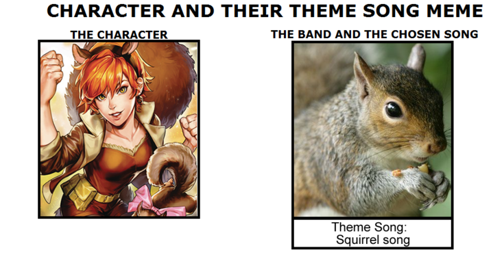 CHARACTER AND THEIR THEME SONG MEME THE CHARACTER THE BAND AND THE CHOSEN SONG Theme Song: Squirrel song
